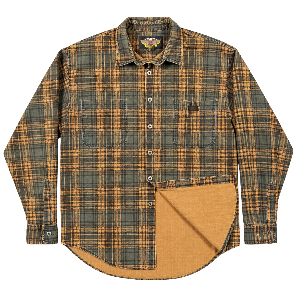 Harley Davidson Plaid Flannel Button Down Shirt Size Large Green Brown 1