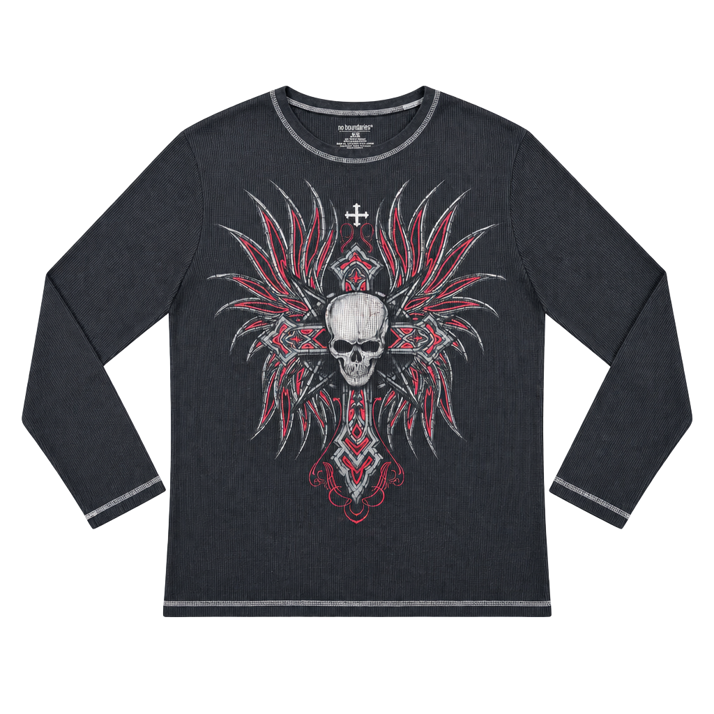 No Boundaries Skull Cross Thermal Shirt Size XL Black Red Y2K 1