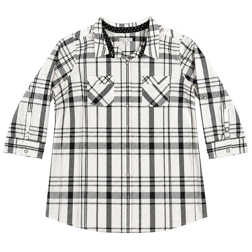 Dressbarn Plaid Button Down Shirt Size 2X Black White Cotton 1