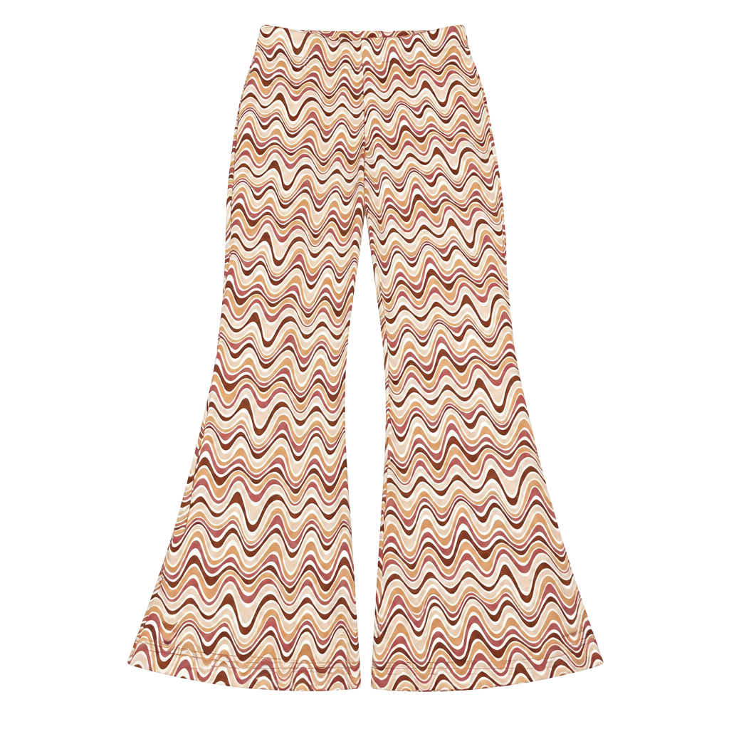 Wavy Retro Print Flare Pants Brown Cream Pink Size S 1