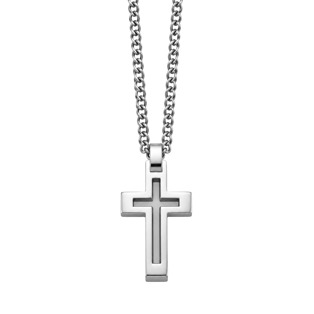 Mens Diamond-Accent Stainless Steel Cross Pendant Necklace, Color: White - , 1
