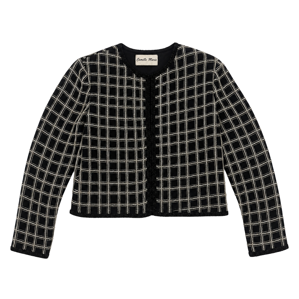Camille Marie Black and White Beaded Grid Pattern Open Front Jacket 1
