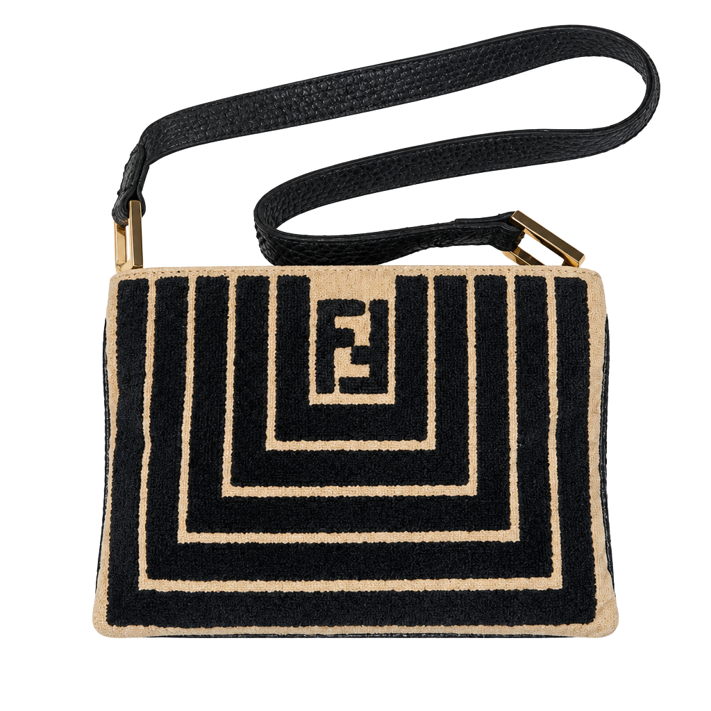 RARE 1970s Fendi Black & Beige Velvet Logo shoulder bag 1
