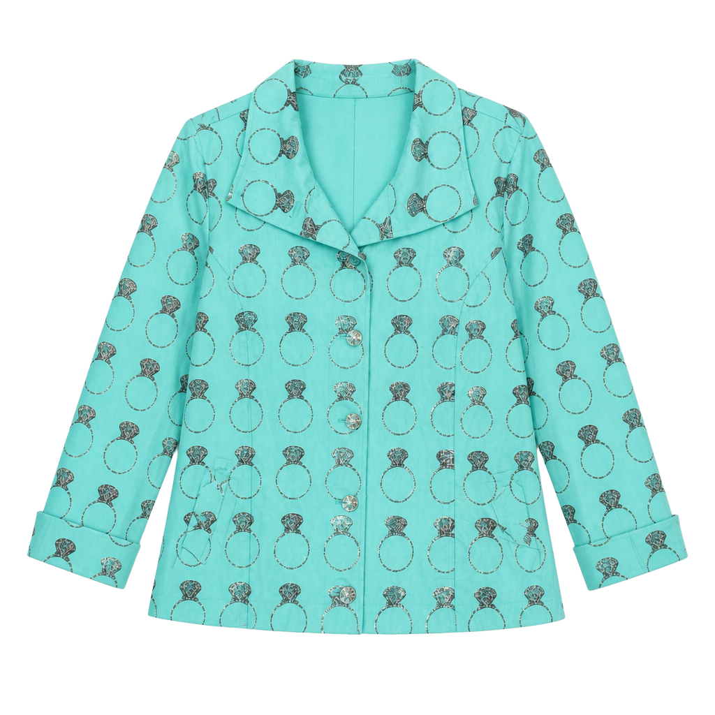 Berek Women’s XL Turquoise Engagement Ring Print Jacket Rhinestone Bling Artwear 1