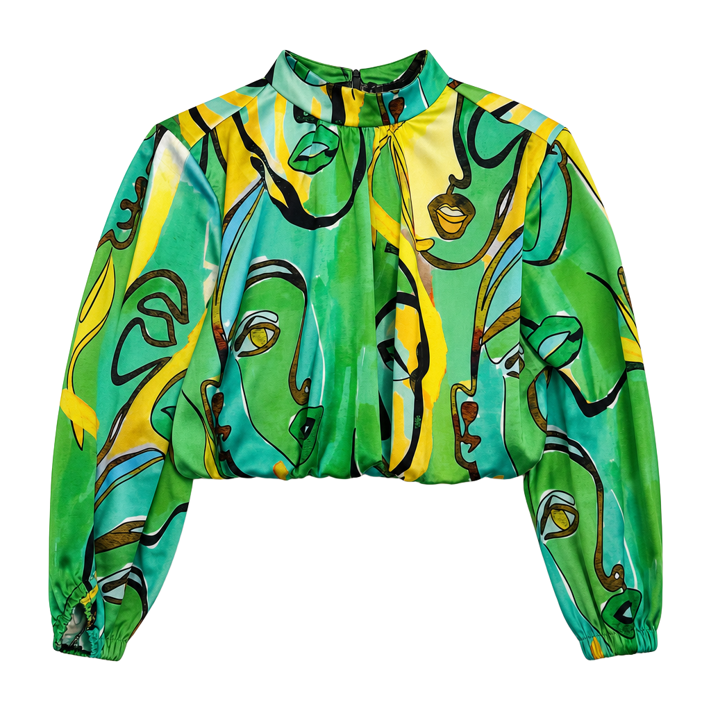 I TOO Italy Women’s M Satin Crop Top Abstract Face Art Green Yellow Long Sleeve 1
