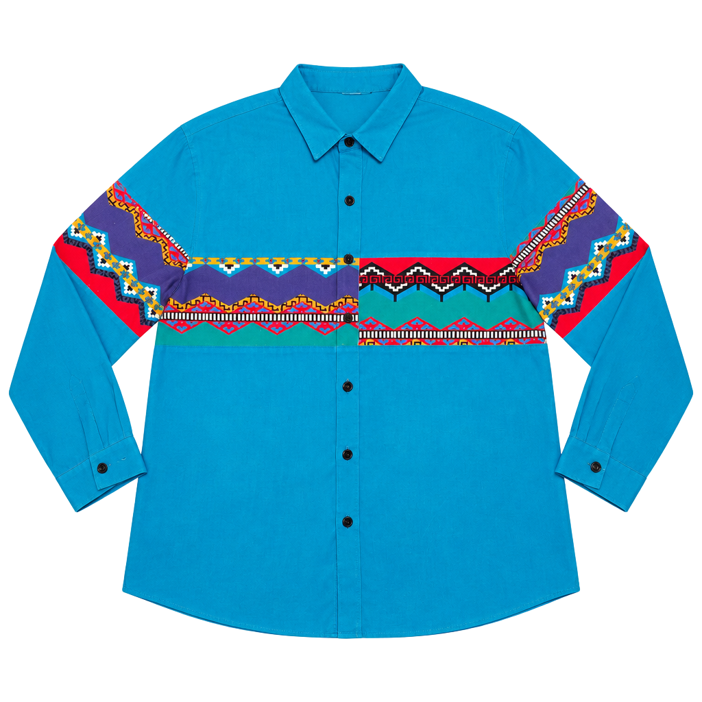 Vintage Southwestern Aztec Geometric Button Down Shirt Turquoise Blue Long Sle 1