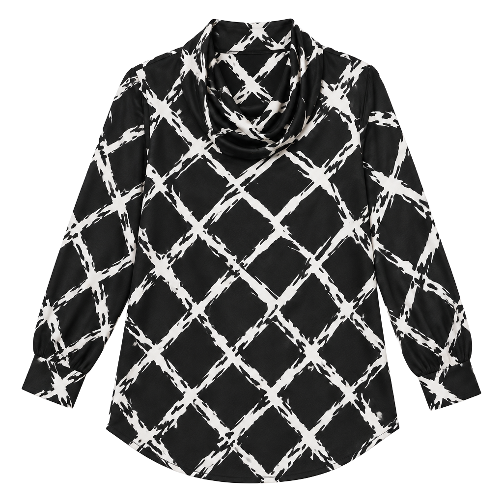 Chico’s Size 2 L Black White Abstract Satin Tunic Blouse Cowl Neck Long Sleeve 1