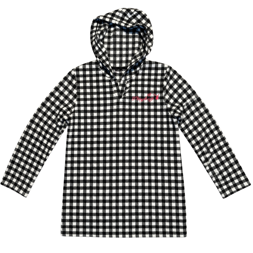 Playboy Sport Women’s M Hooded Pullover Black White Gingham Check Bunny Y2K 1