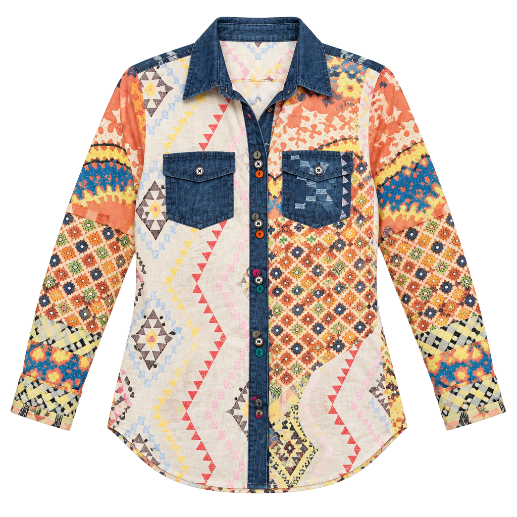 Desigual Cam Aurora Shirt Womens S NWT Embroidered Boho Western Denim Button Up 1