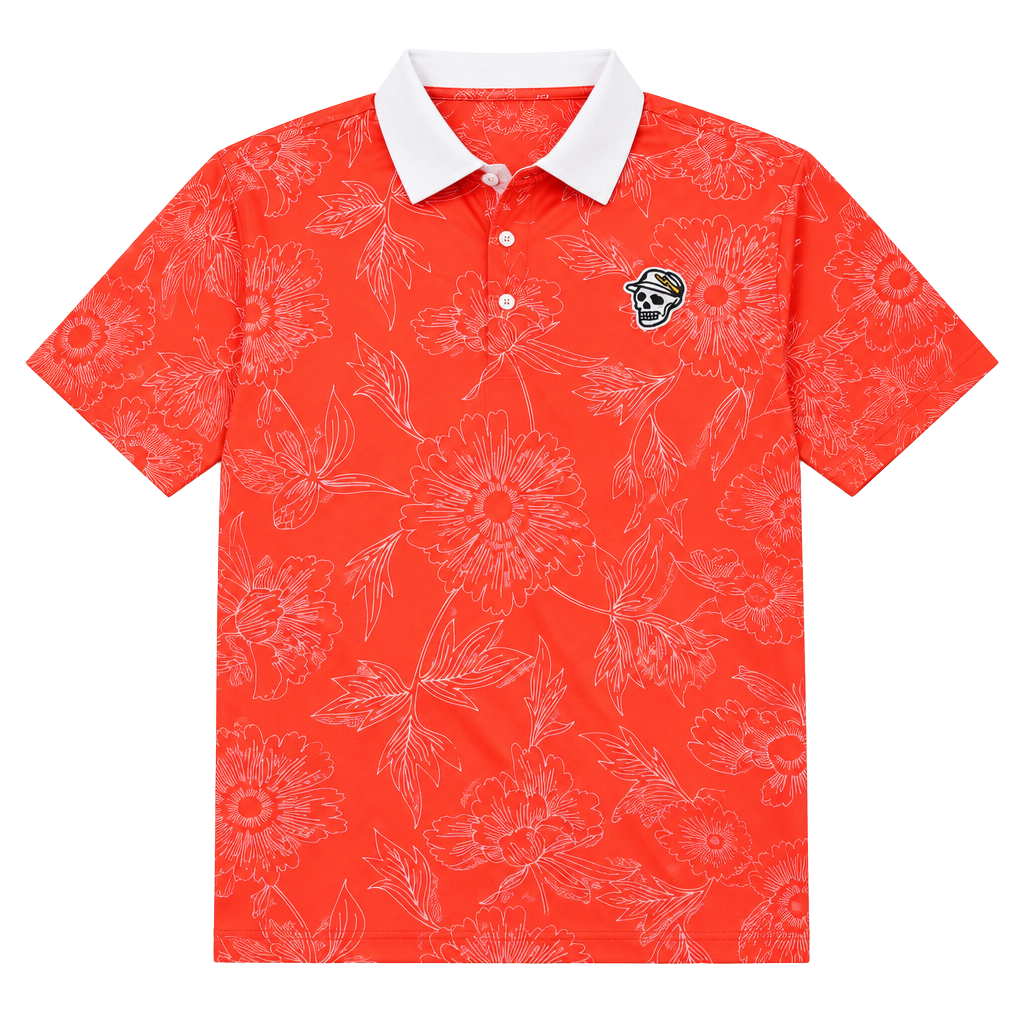 Devereux Golf Polo Shirt Size L Orange Floral Skull Back Graphic 1