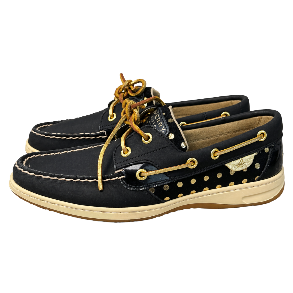 Sperry Top-Sider Women’s 7.5 Black Gold Leather Boat Shoes Polka Dot Metallic 1