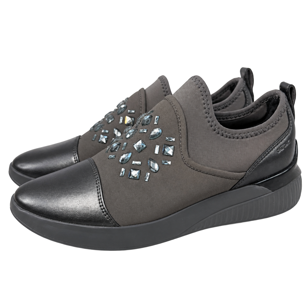 NEW Geox Respira Women’s 7 Gray Rhinestone Embellished Slip On Sneakers Bling 1