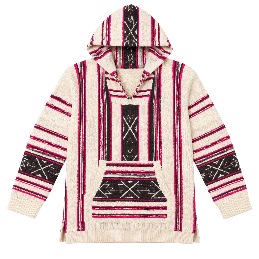 Aheero Baja Hoodie Sweater M/L Pink Cream Striped Aztec Boho Western Pullover 1