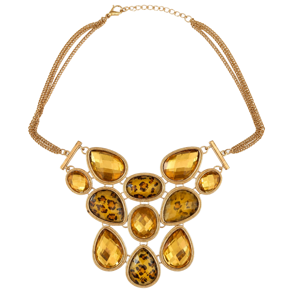 Gold Tone Statement Bib Necklace with Amber color and Leopard Print Stones 1
