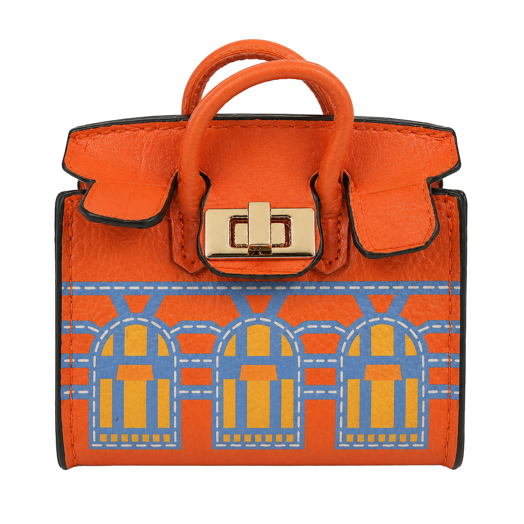 Miniature Orange Handbag Keychain with Gold Clasp and Pattern 1