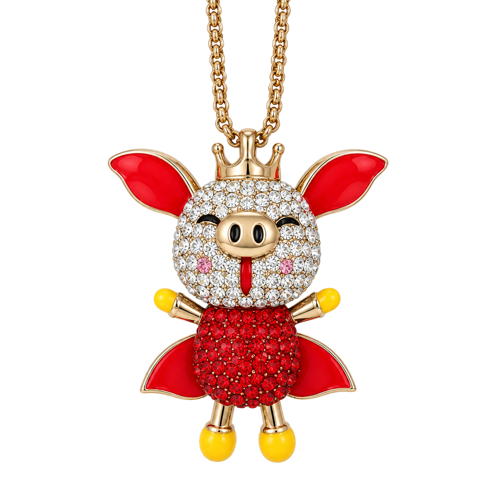 Betsey Johnson Flying Pig Rhinestone Pendant Necklace Goldtone 1