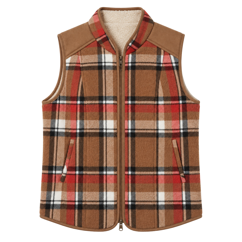 Entro Plaid Faux Shearling Sherpa Lined Warm Vest Size S Brown Red Black White 1