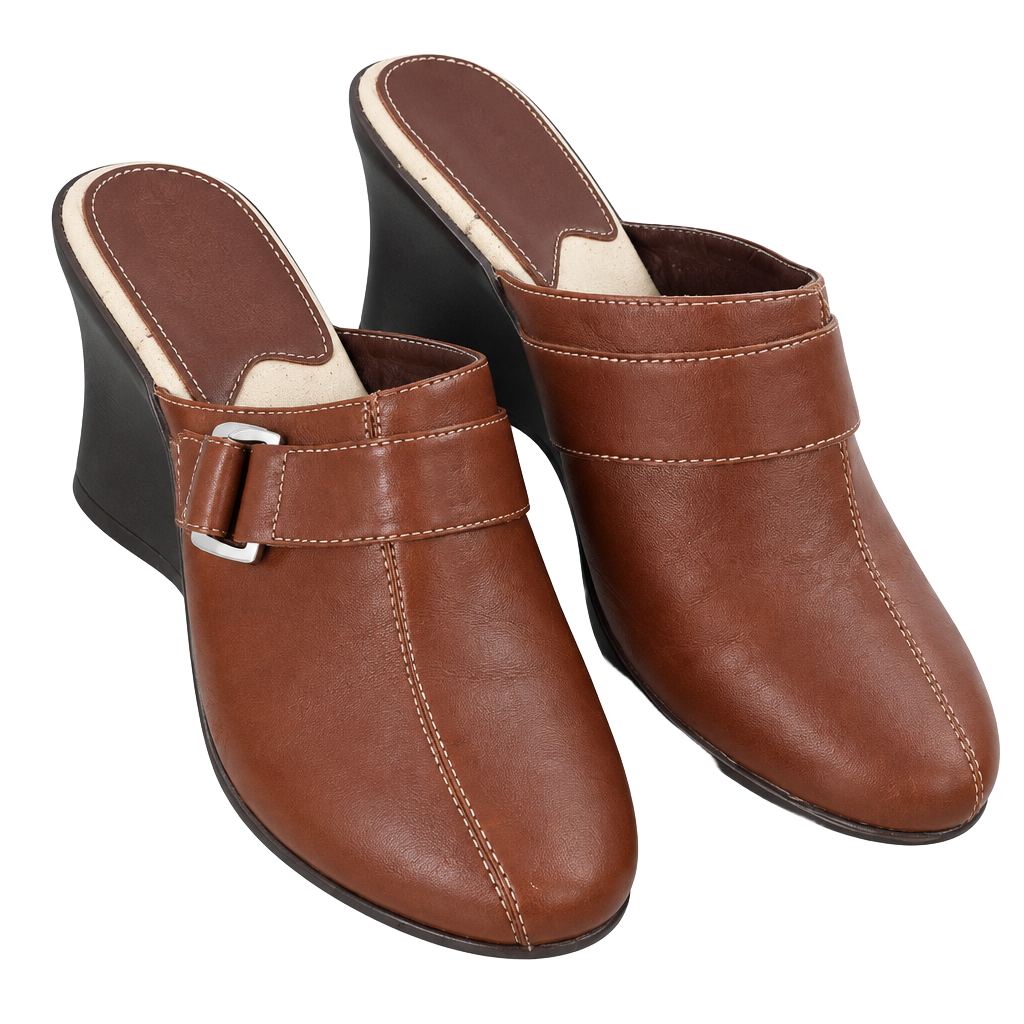 Anne Klein Brown Leather Buckle Wedge Mules Slides size 8 1