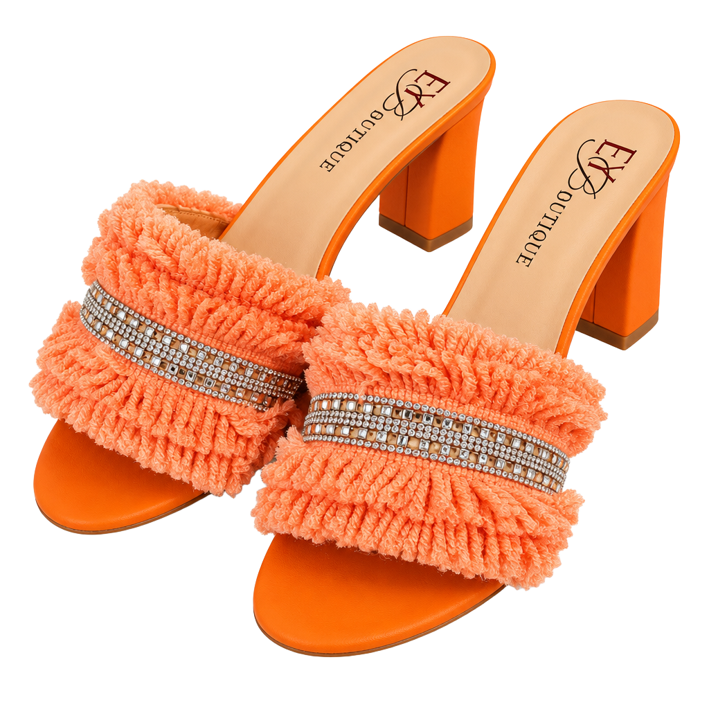 EXBoutique Orange Block Heel Mules With Rhinestones 1