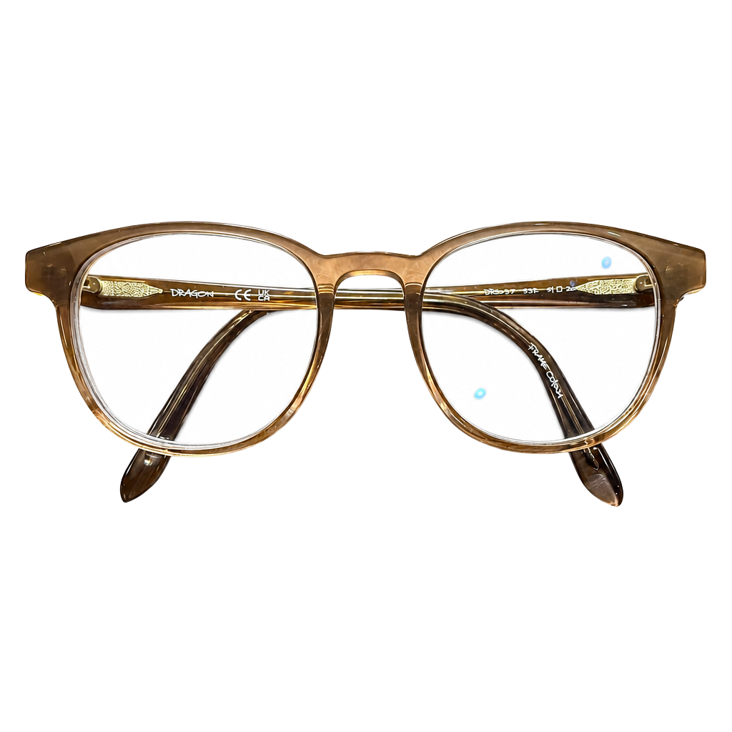 Dragon DR2035 51-20-145 Eyeglasses Frames Clear Translucent brown acetate frame with gold-tone accents 1