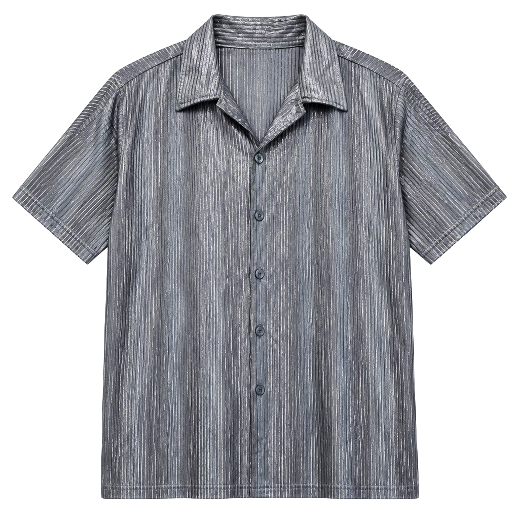 Vintage Positano Metallic Pleated Short Sleeve Button Down Shirt Size XL 1