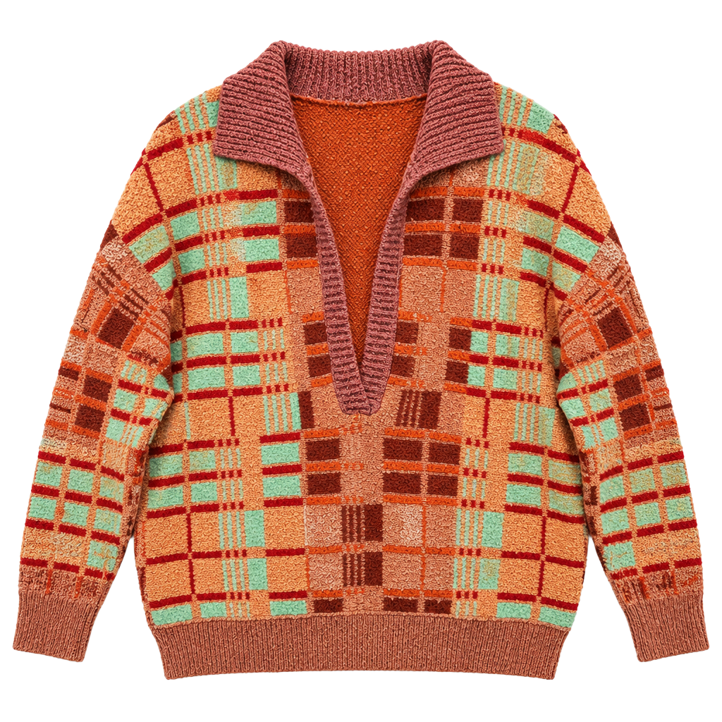 Free People Oversized Plaid Sweater XS Orange V-Neck Long Sleeve 1