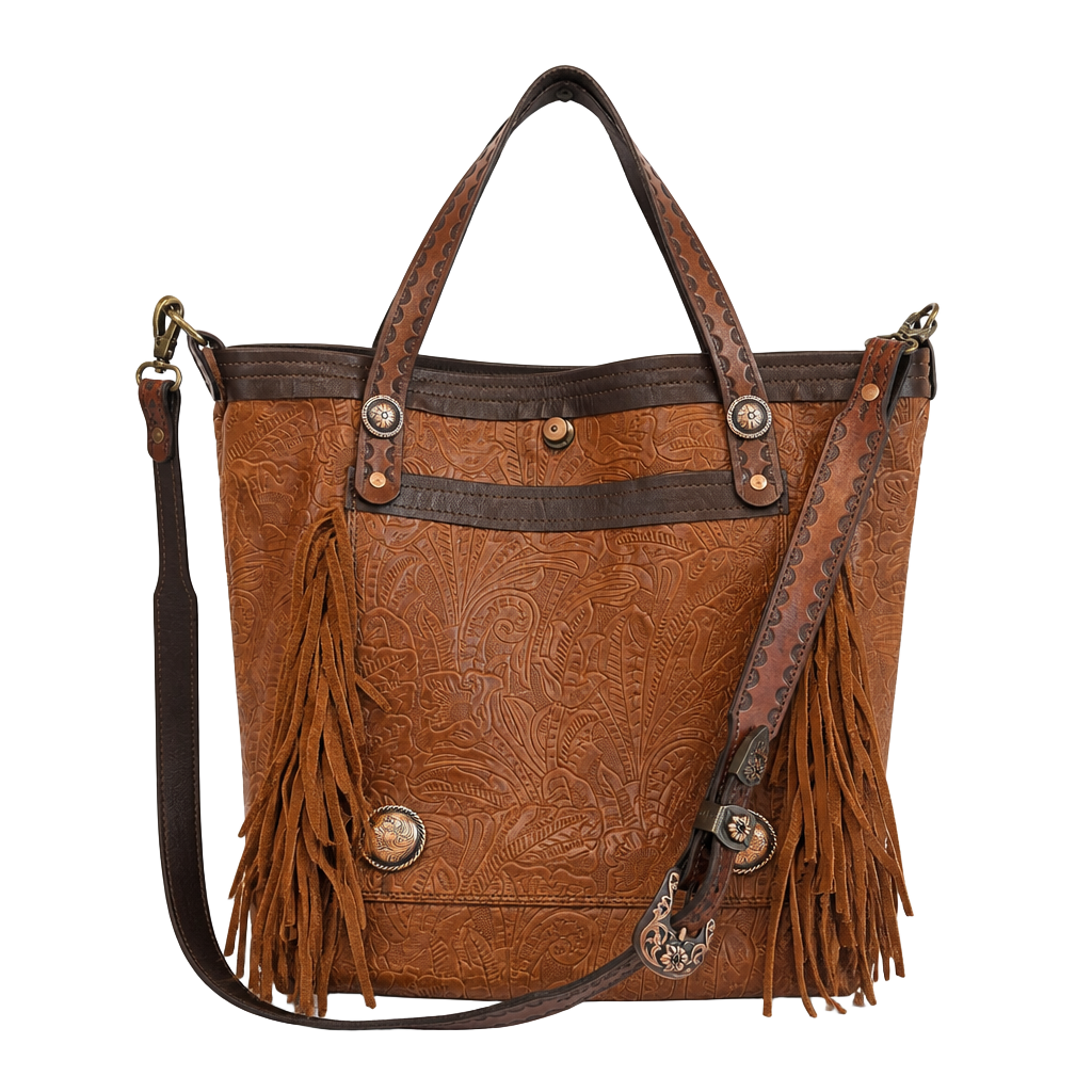 Mku Maker Alvin Tx Tooled Leather Fringe Crossbody Tote Bag Brown 1