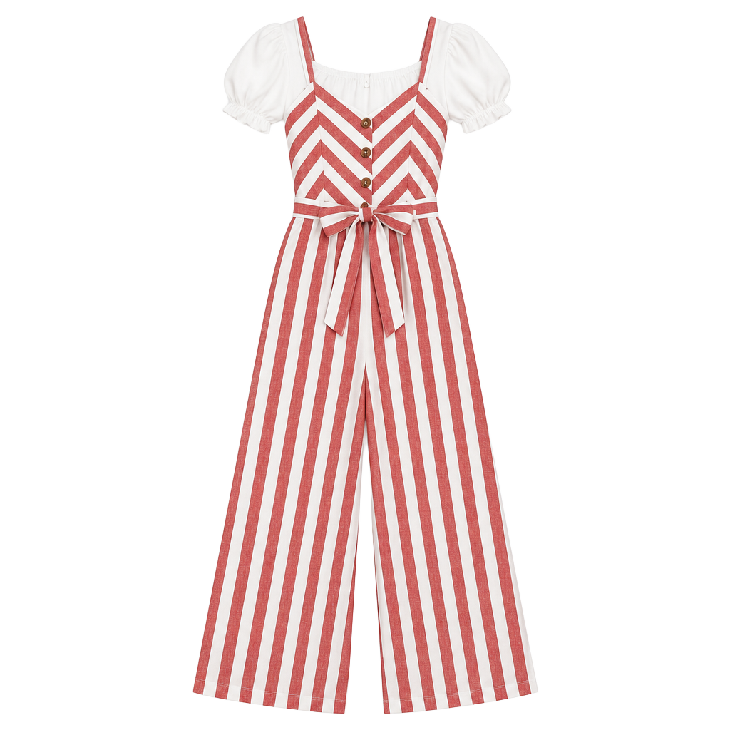 Kensie Jeans Red White Striped Linen Blend Wide Leg Cropped Jumpsuit Small 1