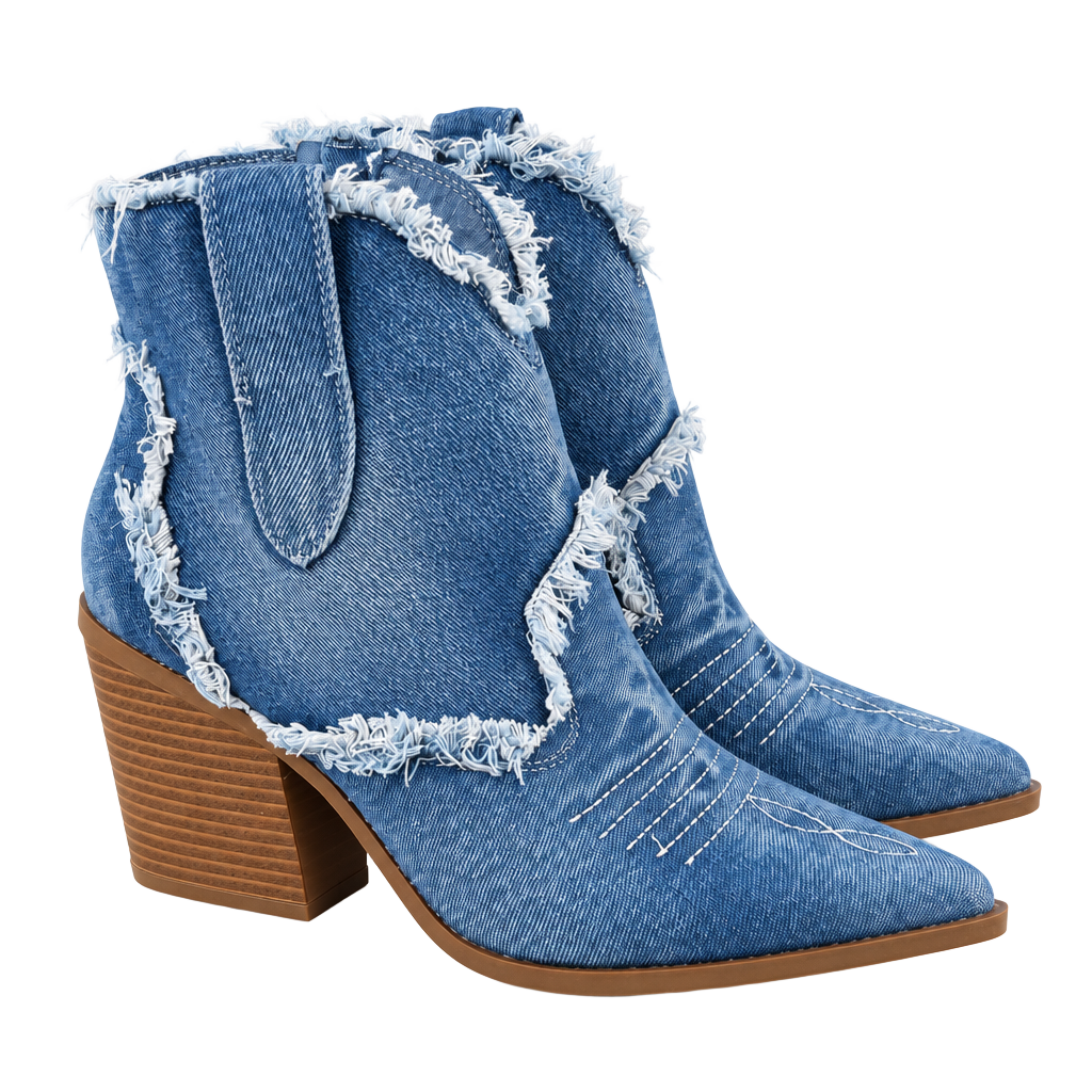 HGUIGJ Denim Western Ankle Boots Blue Frayed Pointed Toe Block Heel EU 39 1