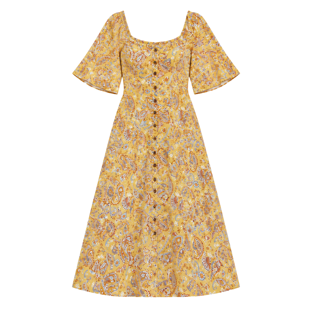 Indigo Rose Yellow Paisley Button-Front Boho Dress Size Large 1