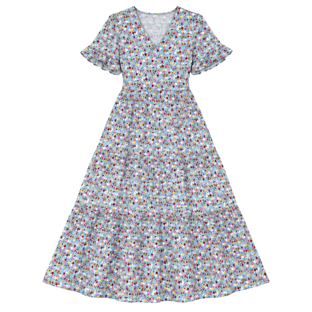 ELINGS Floral Maxi Dress Blue Tiered Flutter Sleeve V Neck Size S NWT 1