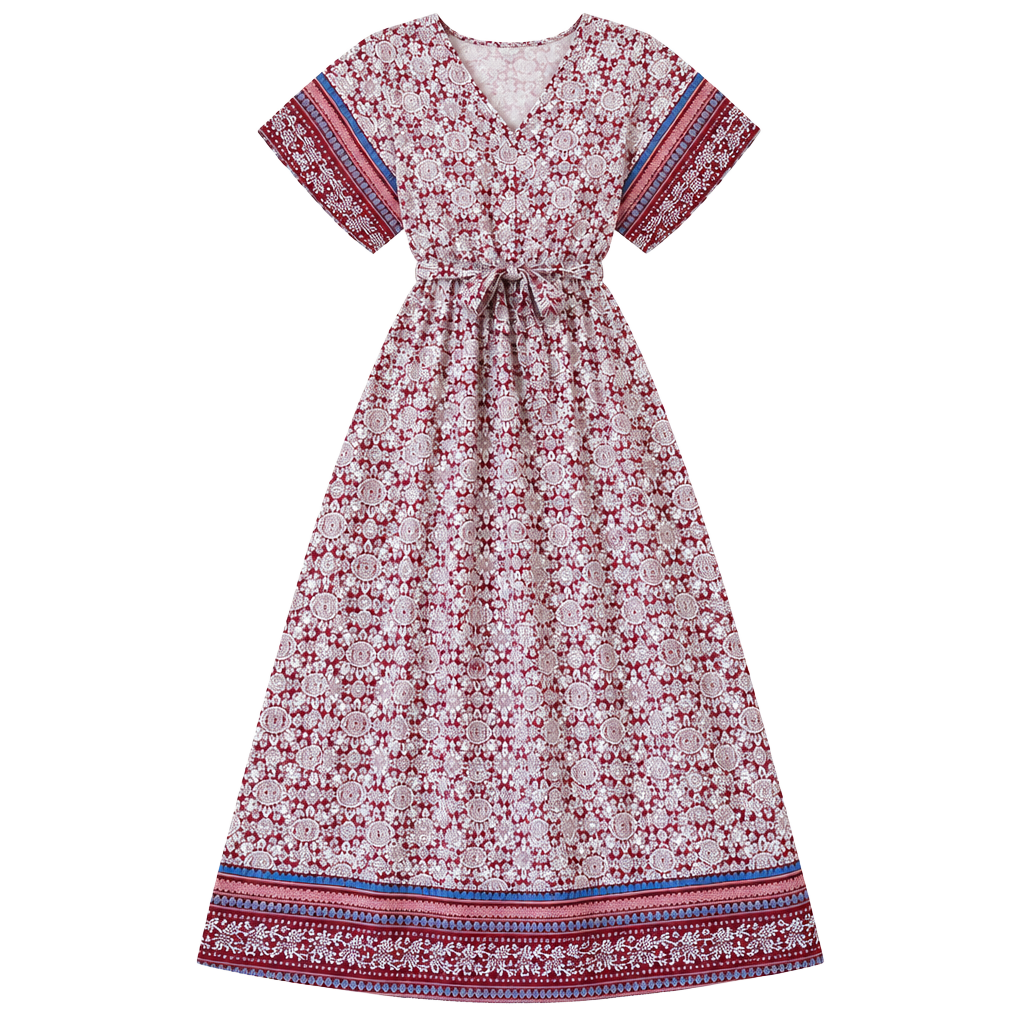 Flamingo Women’s Boho Wrap Maxi Dress Burgundy Floral V-Neck Tie Waist S 1