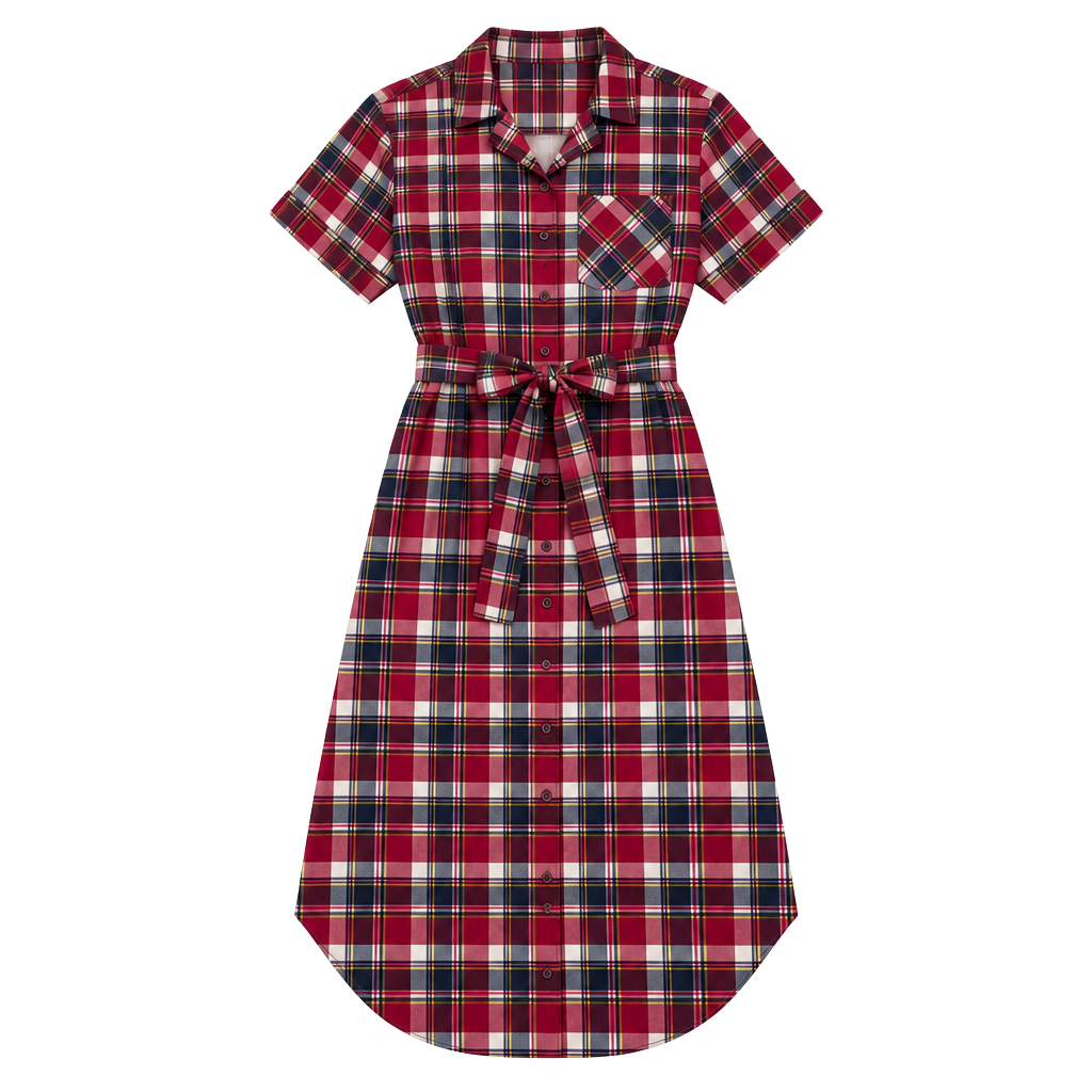 Downeast Plaid Shirt Dress Red Navy Belted Button Front Short Sleeve M 1