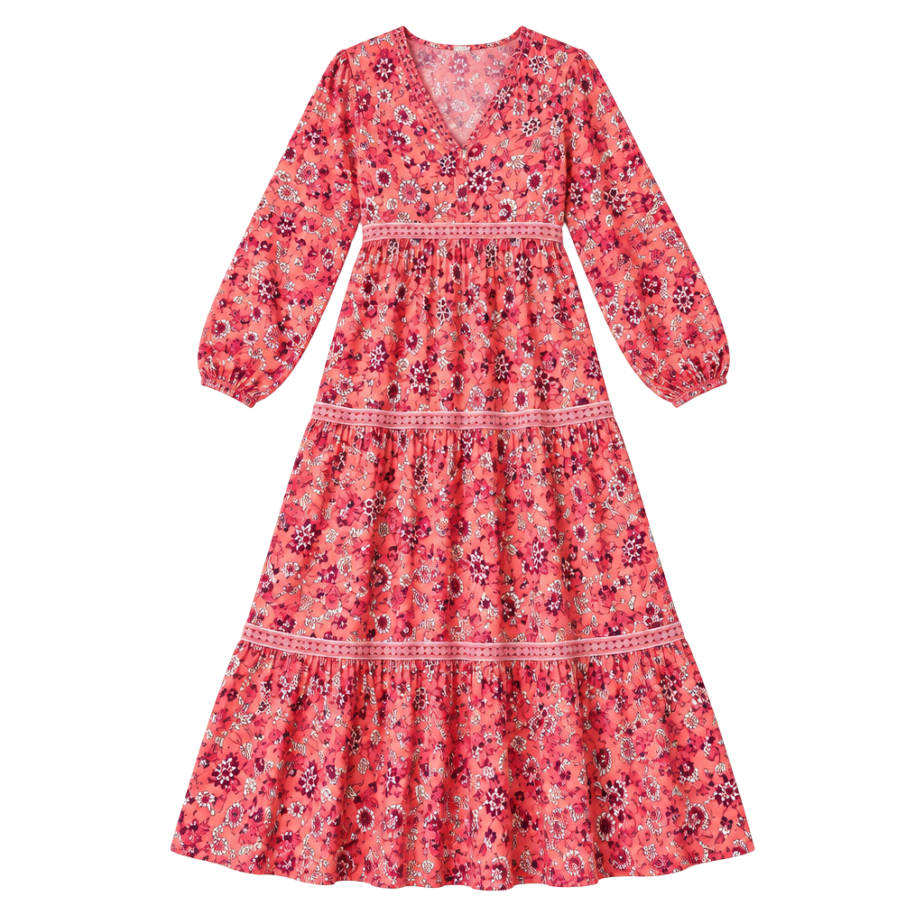 Old Navy Floral Tiered Midi Dress Small Pink Long Sleeve Boho V Neck Rayon 1