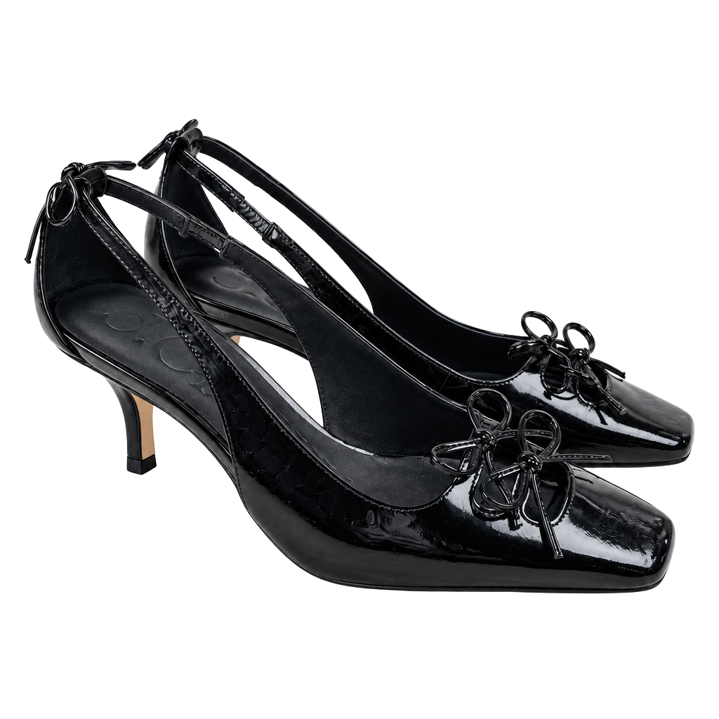 J.Crew Leona Slingback Heels Black Patent Leather Double Bow Square Toe 5.5 1