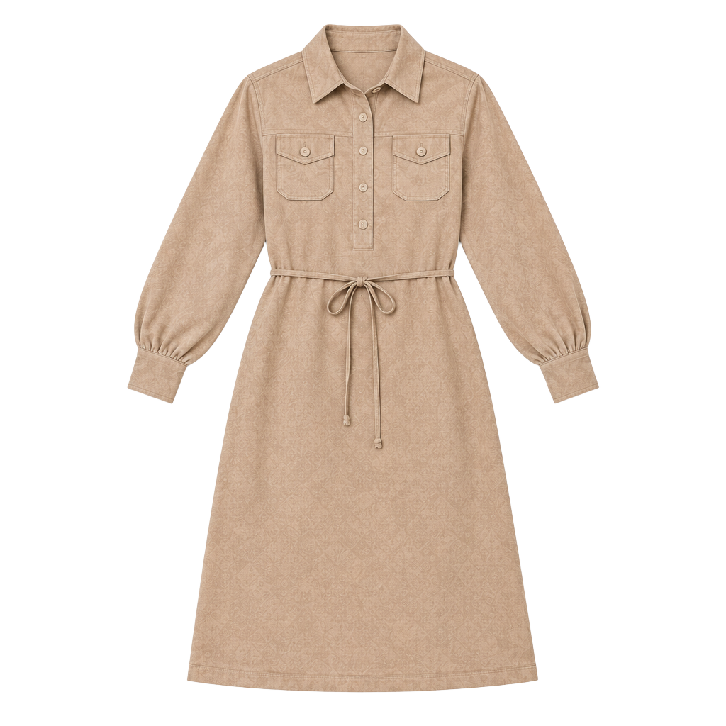 Vintage Joe Frank of Houston Faux Suede Shirt Dress Beige Belted Size 10 1