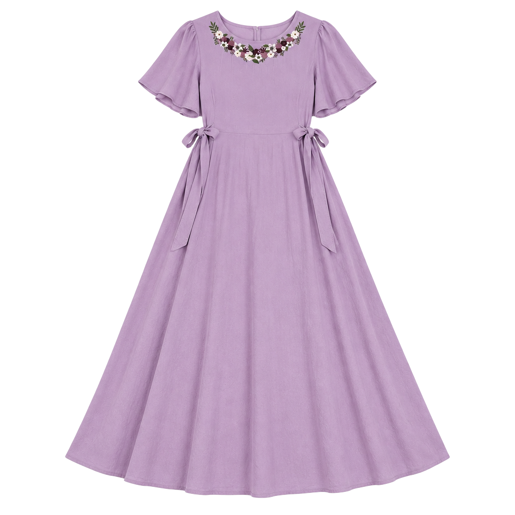 SweetSalt Purple Floral Embroidered Modest Midi Dress Side Tie Size L 1