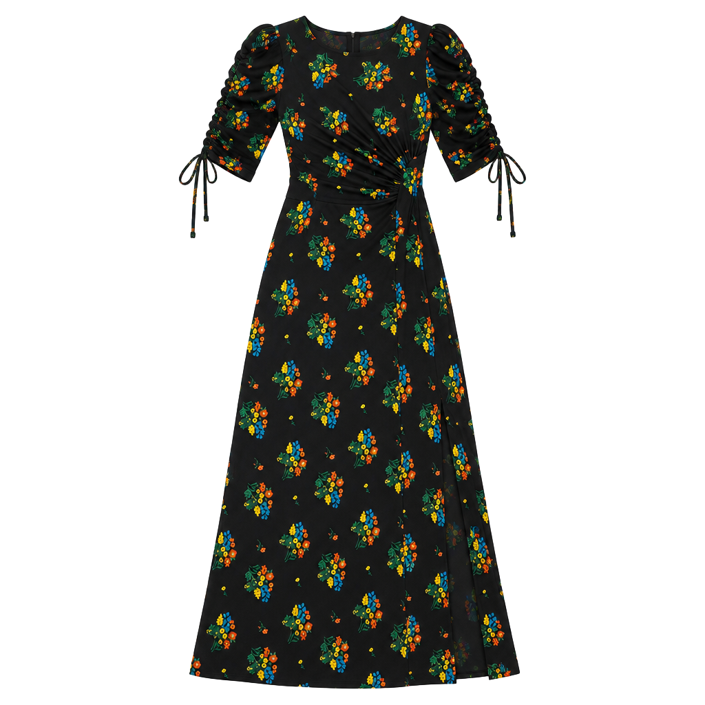 ASOS Black Floral Print Maxi Dress Ruched Tie Sleeves Front Slit Size US 4 1