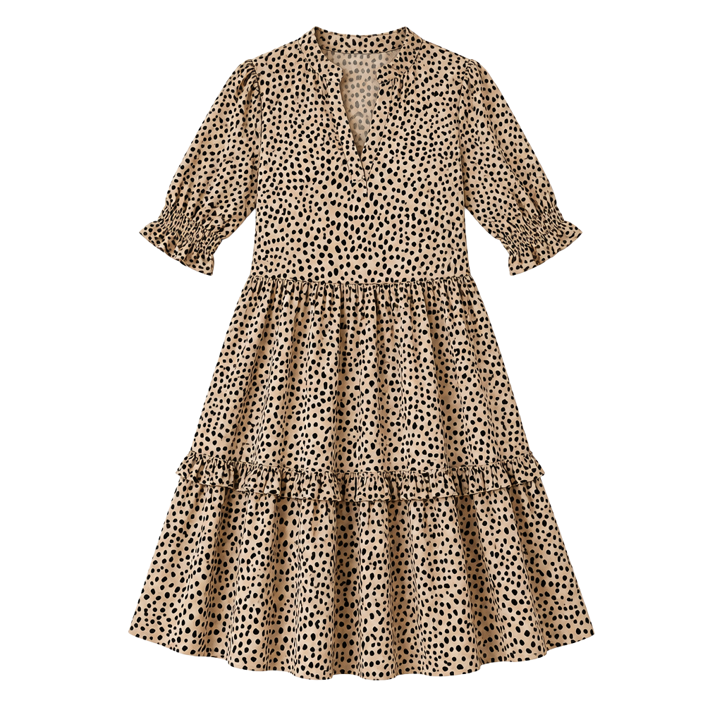 J.Crew XS Leopard Dot Tiered Popover Dress Ruffle Neck Cotton Lined Beige Midi 1