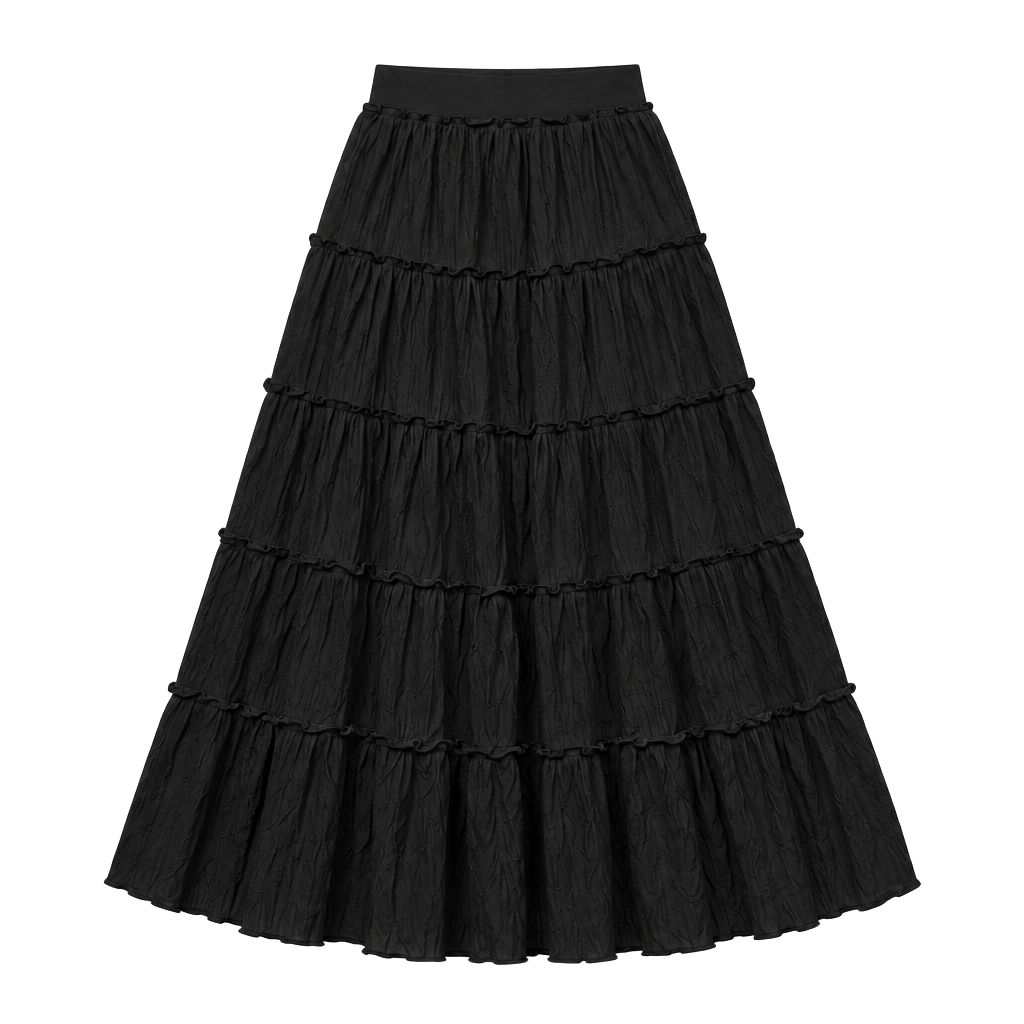 White House Black Market Black Tiered Midi Skirt Flowy Pull On Size S 1