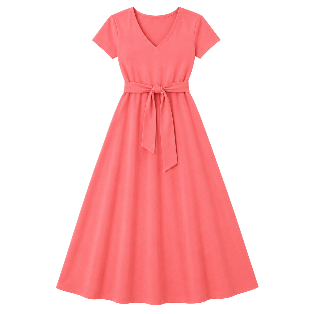 Lands’ End Women’s Coral V-Neck Tie Waist A-Line Midi Dress XL 18 Stretch 1