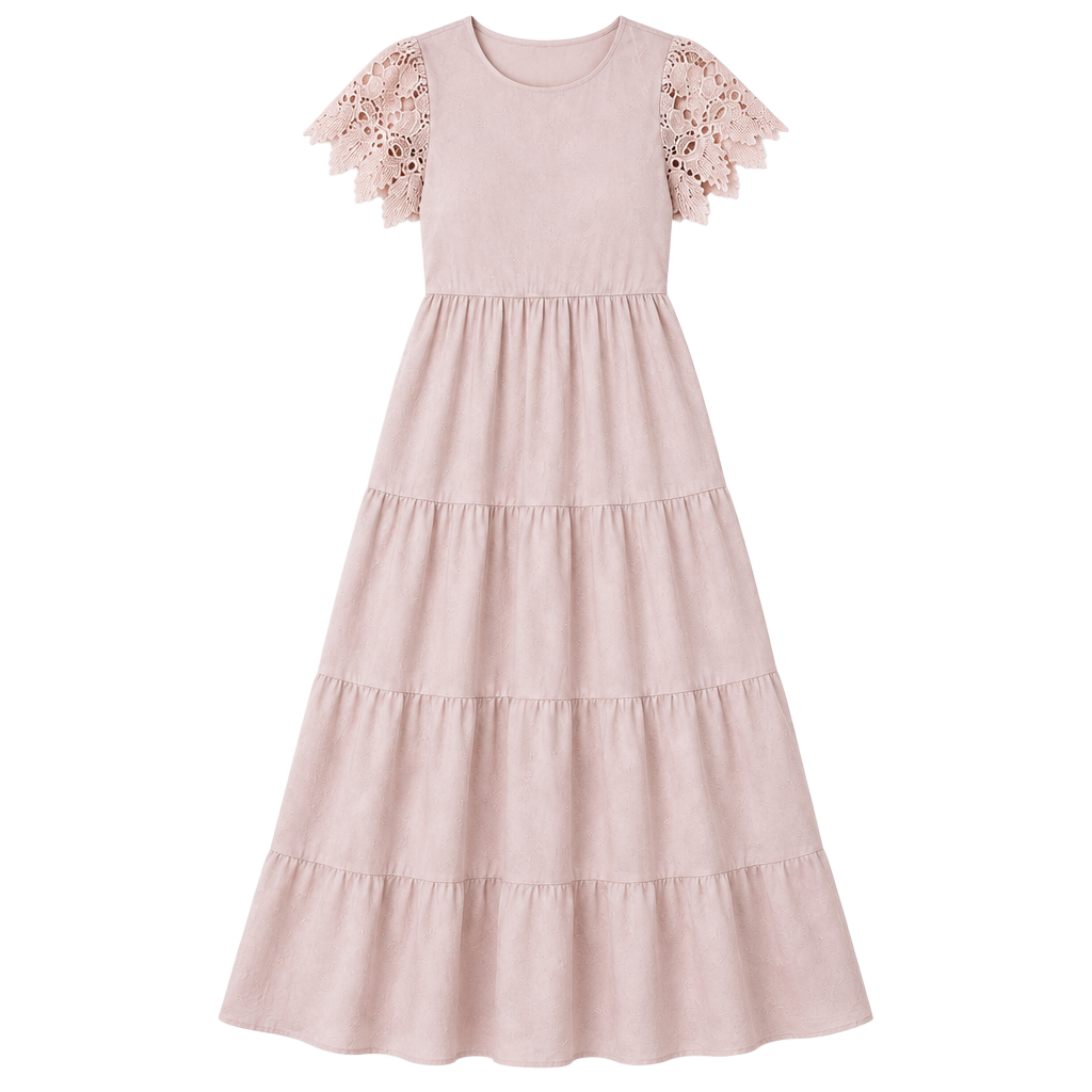 Böhme Pink Tiered Maxi Dress Lace Flutter Sleeves Boho Lined XL 1