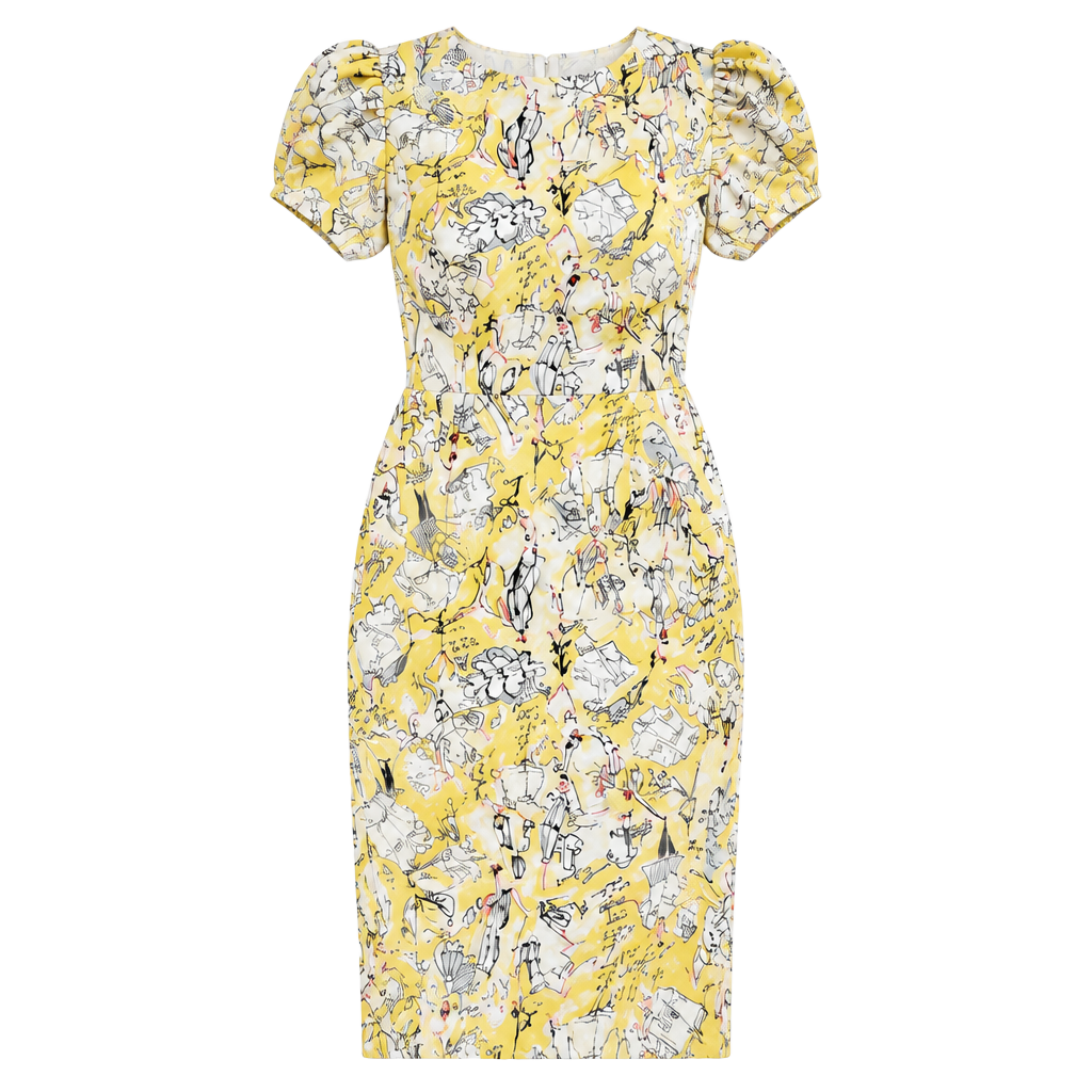 Karl Lagerfeld Paris Yellow Sketch Print Sheath Dress Ruched Sleeve Size 4 1