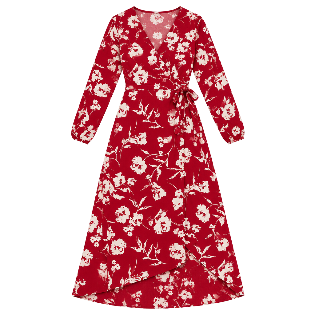 LUSH Red Floral Faux Wrap Midi Dress Long Sleeve Lined Women’s Size Small 1