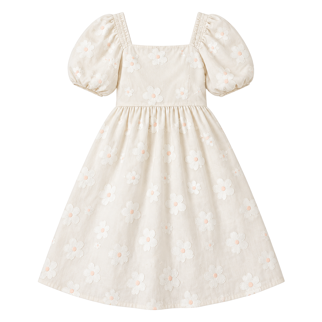 Polagram Cream Embroidered Floral Puff Sleeve Babydoll Dress Size M 1