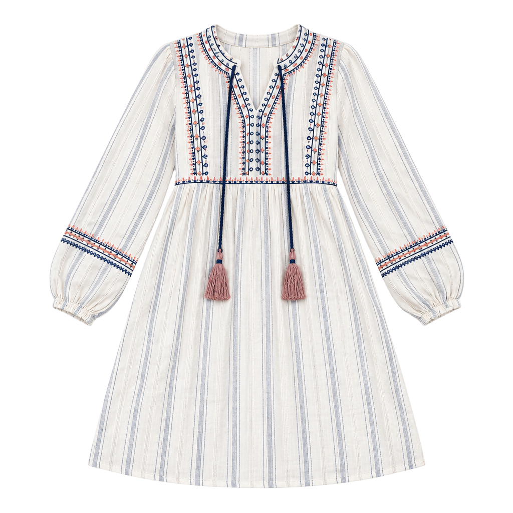 Knox Rose Embroidered Striped Boho Tassel Tunic Dress Cream Navy M 1