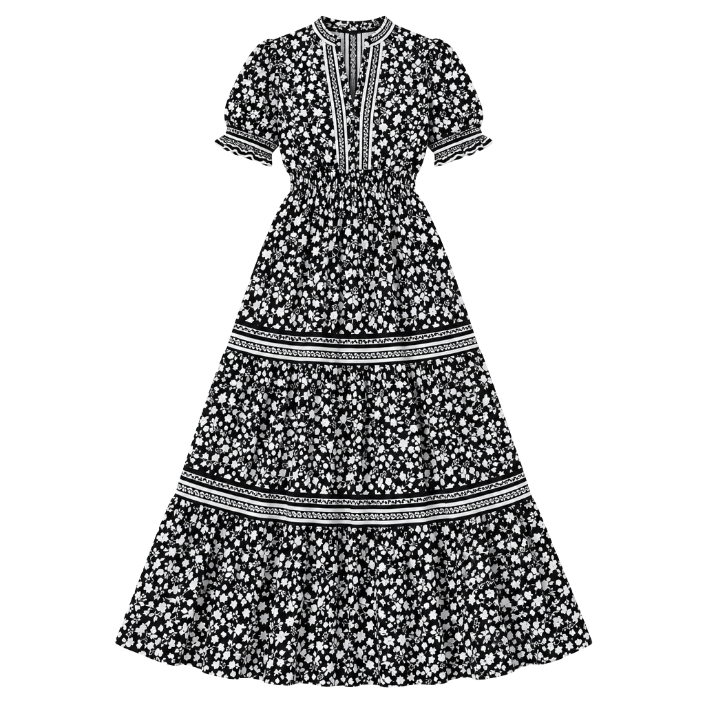 Max Studio Floral Tiered Maxi Dress Black White Smocked Waist Size M Est 1