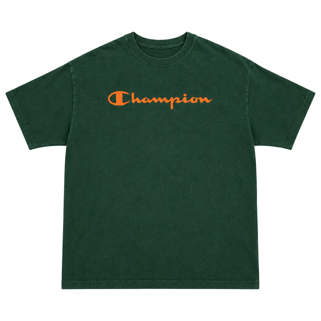 Champion T-Shirt Green Orange Script Logo 1