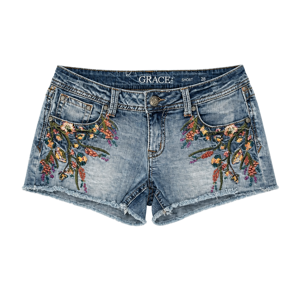Grace in LA Floral Embroidered Distressed Denim Cutoff Shorts Size 30 1