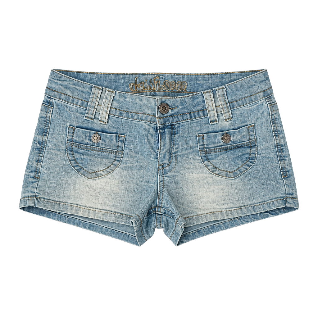 WallFlower High Rise Light Wash Y2K Denim Cutoff Shorts with Flap Pockets 1